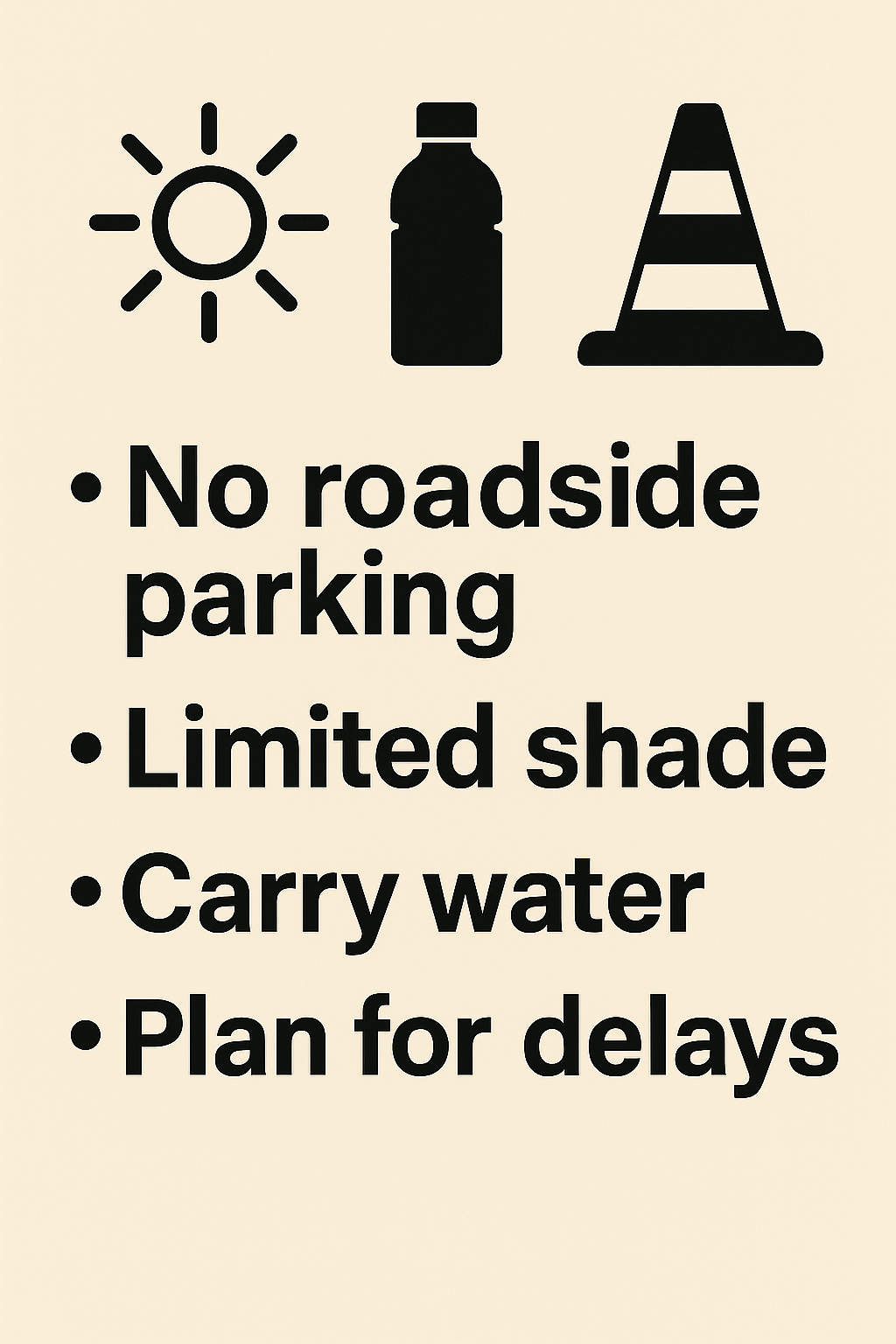 arches national park tips for finding parking infographic Safety infographic with icons of the sun, water bottle, and traffic cone highlighting parking and heat concerns in Arches.