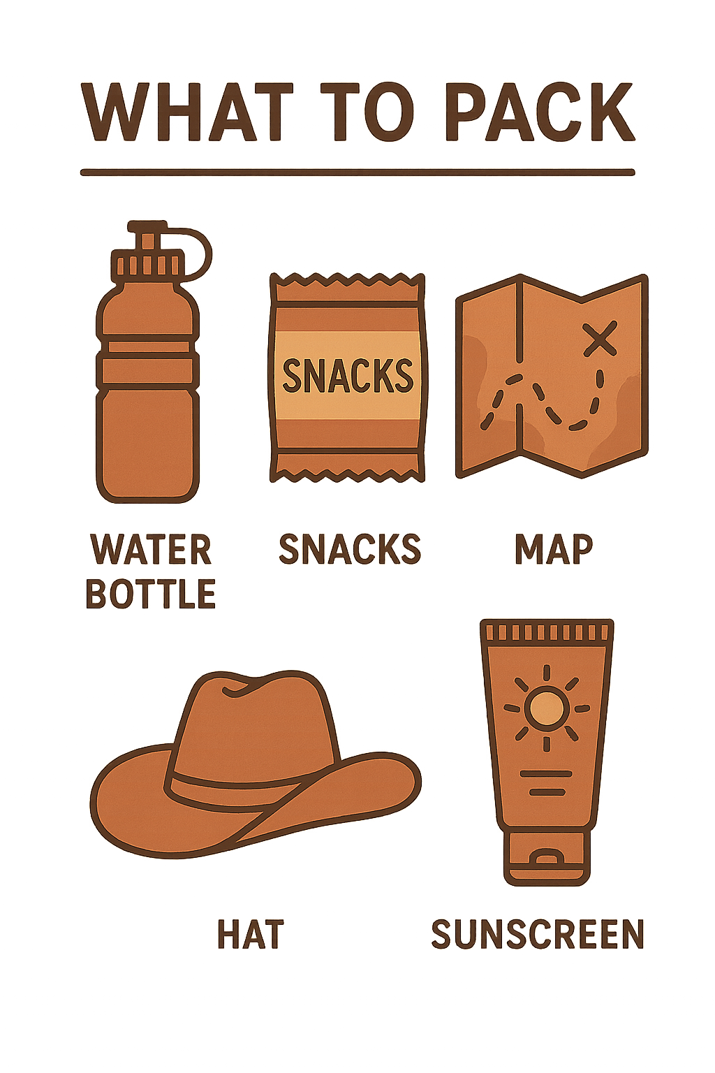 arches national park what to pack infographic Infographic showing desert essentials: water bottle, snacks, hat, map, and sunscreen.