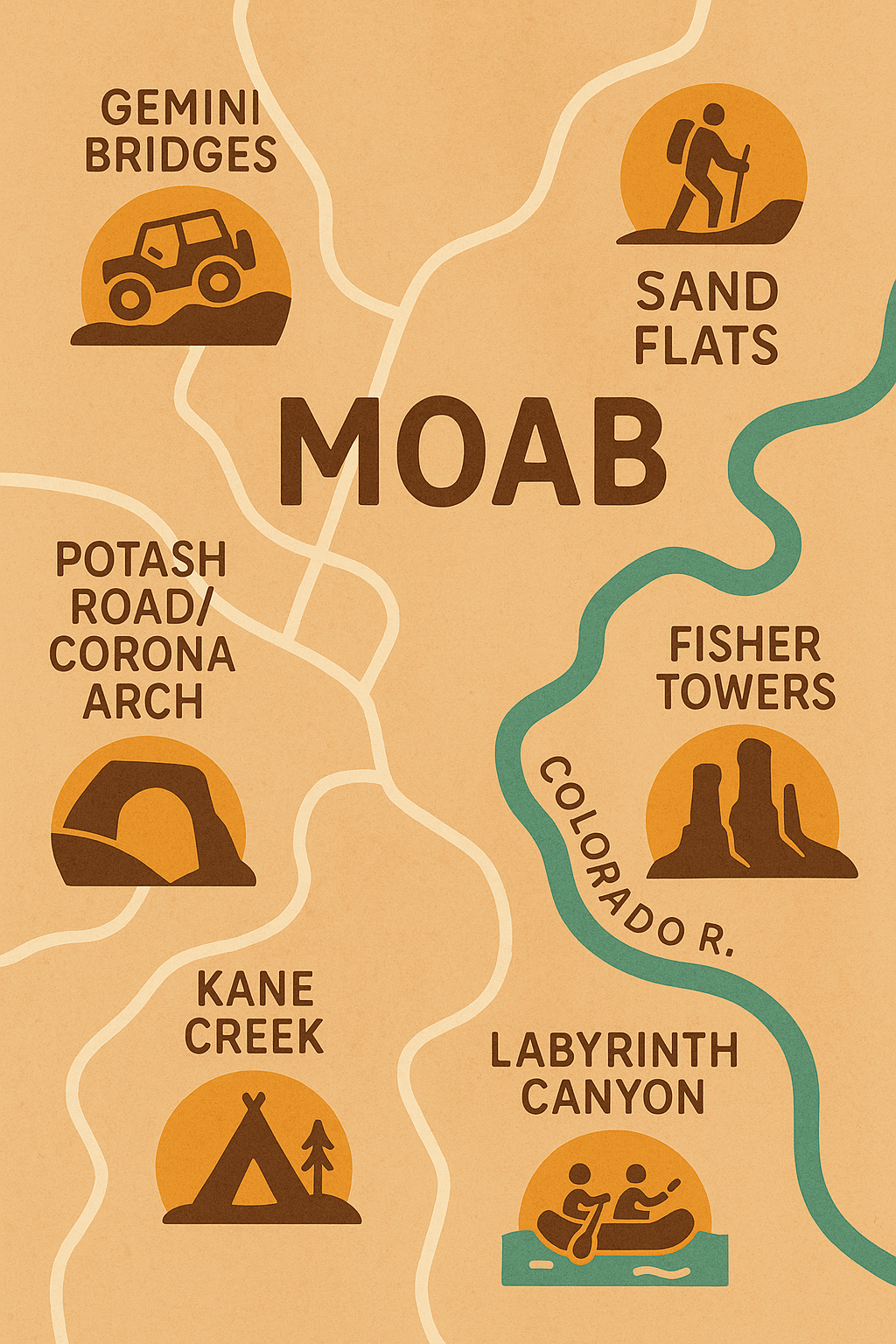 Stylized map of BLM recreation areas near Moab, Utah showing Sand Flats, Kane Creek, Potash Road, Gemini Bridges, Labyrinth Canyon, and Fisher Towers with icons for hiking, camping, 4x4 trails, and river access.
