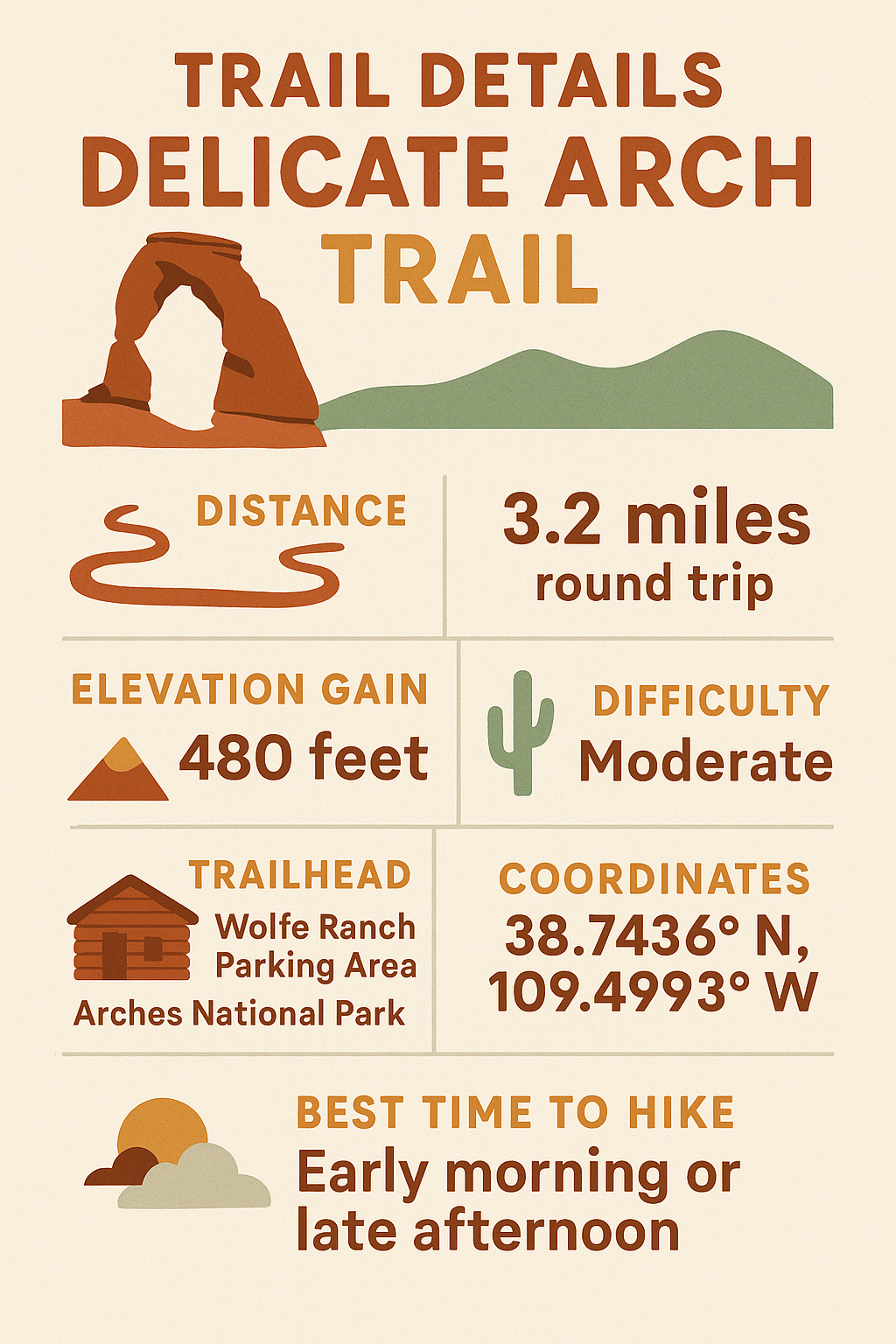delicate arch hiking trail quck facts