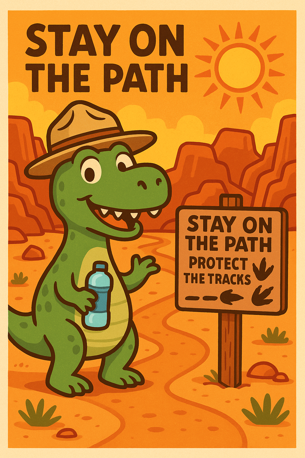 Cartoon ranger dinosaur holding water and reminding hikers to stay on the path at the Dinosaur Stomping Grounds.
