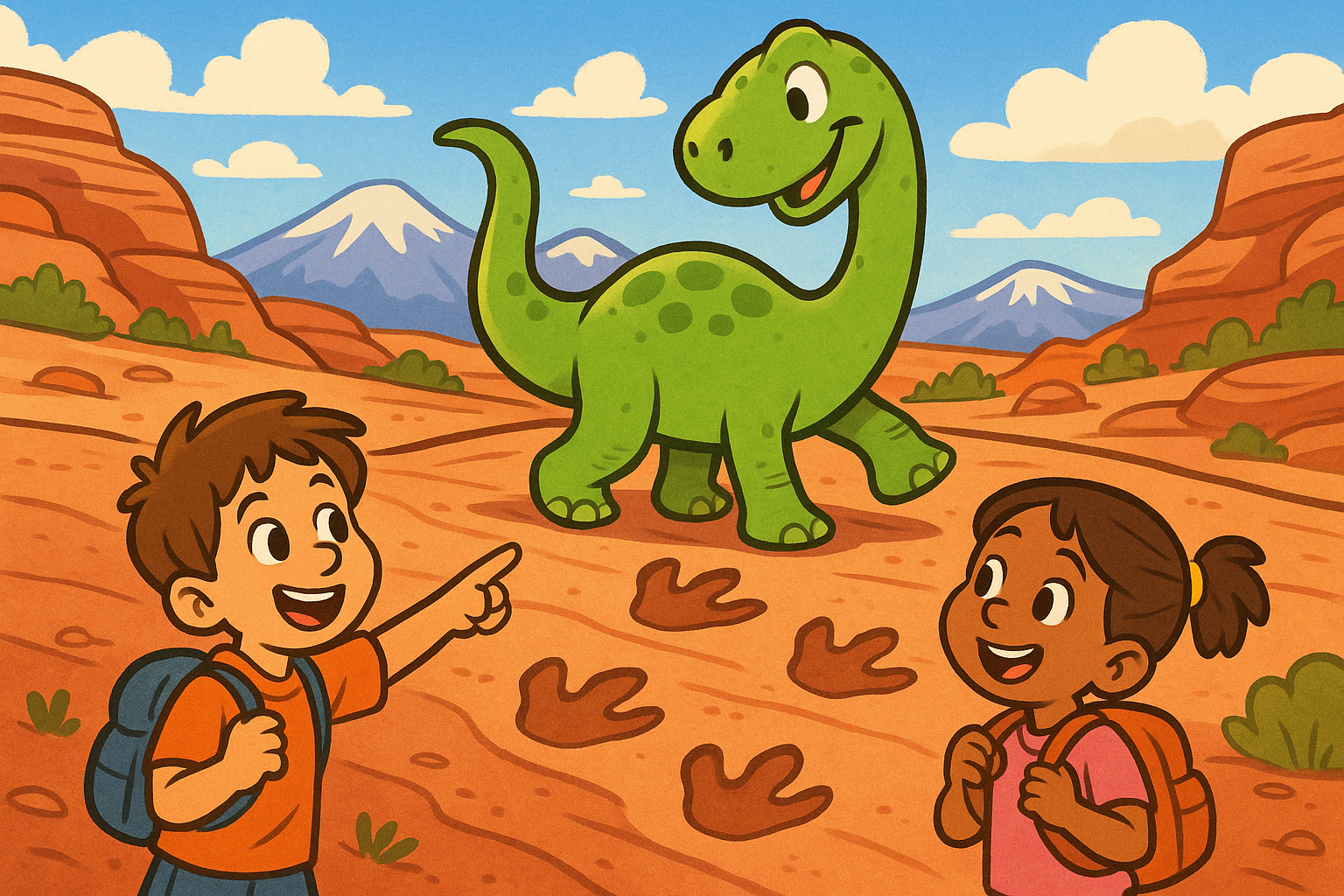 Cartoon dinosaur stepping lightly on Moab sandstone while kids explore the Dinosaur Stomping Grounds Trail.