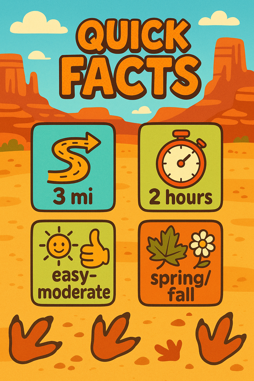 Cartoon-style quick facts graphic for the Dinosaur Stomping Grounds Trail with distance, time, difficulty, and season.