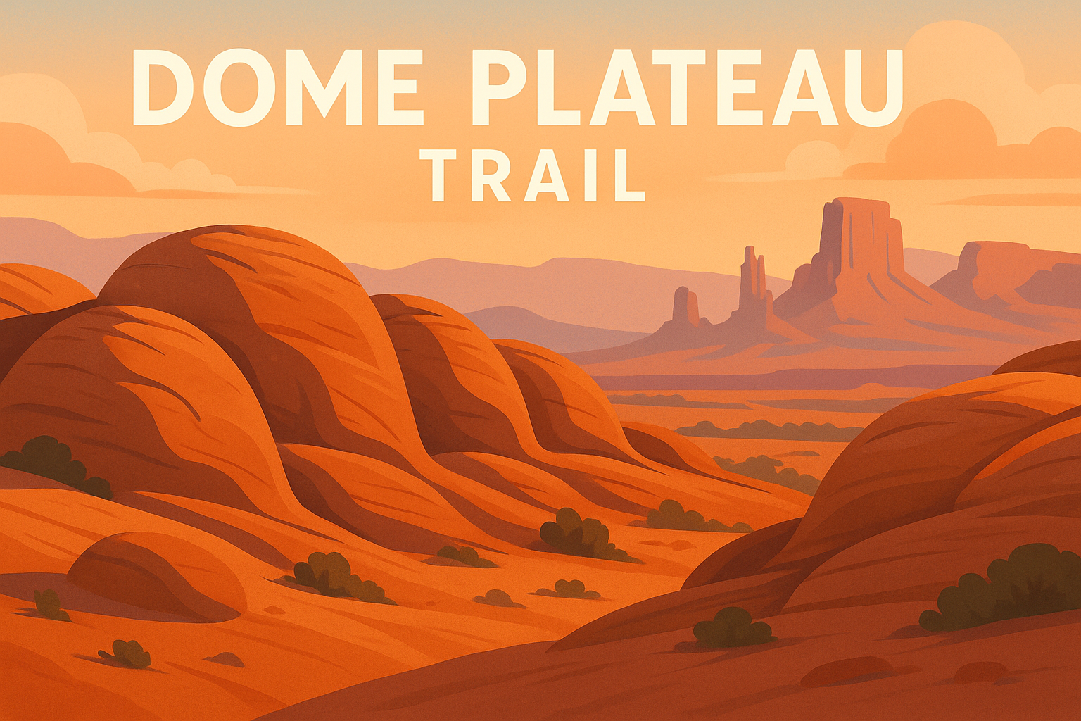 Sandstone domes of the Dome Plateau Trail with Fisher Towers in the distance near Moab, Utah.