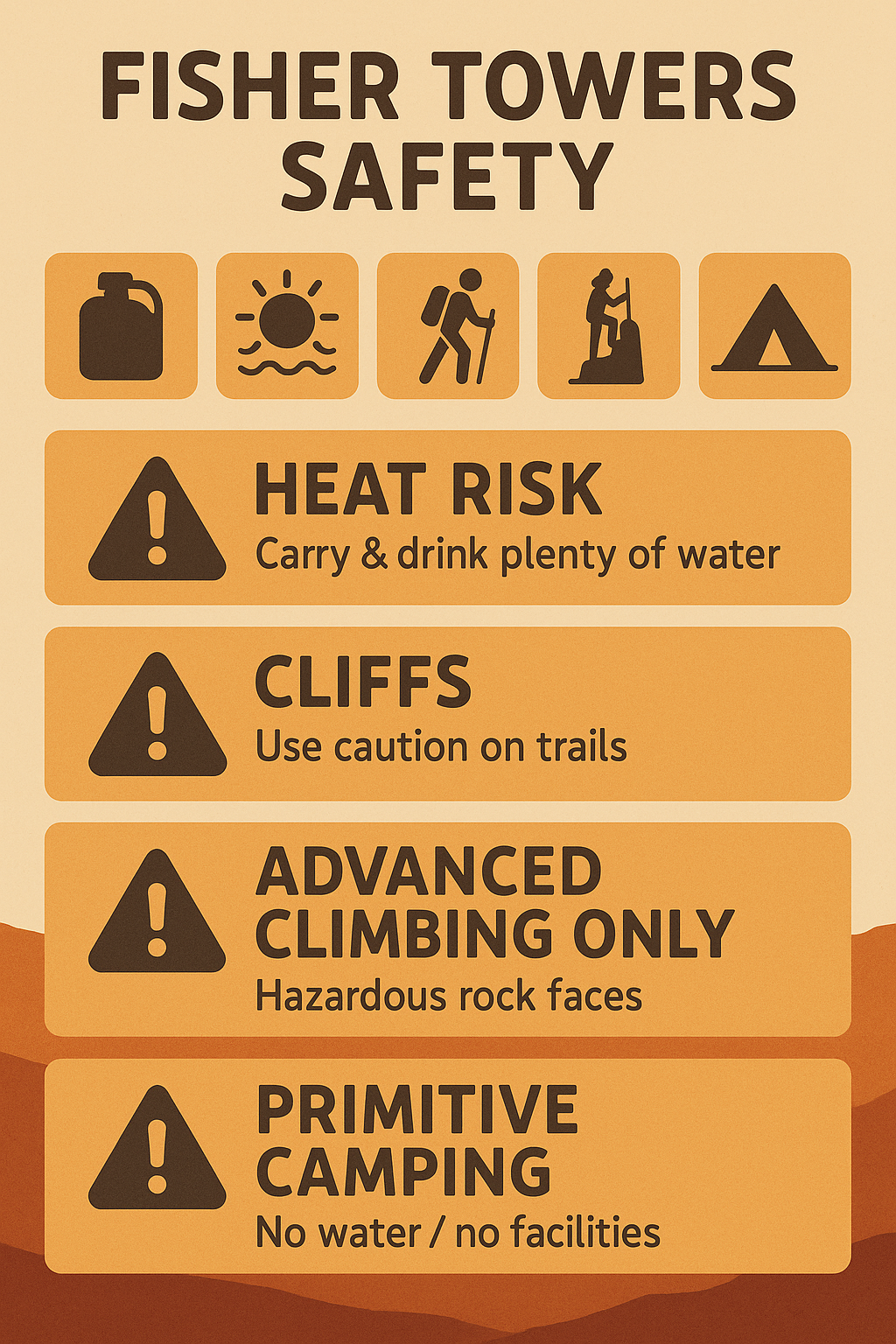 fisher towers recreational area safety tips Desert safety infographic with icons for water, sun exposure, 4x4 vehicles, flash flood warnings, fragile cryptobiotic soil, and camping preparedness for BLM lands near Moab.