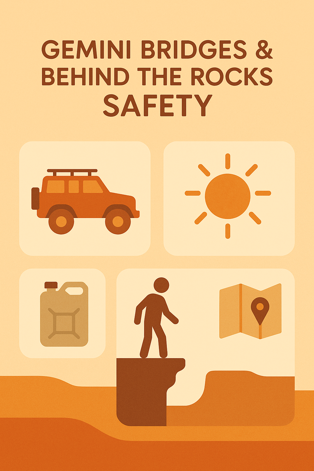Infographic with cliff-edge warning, 4x4 vehicle, water jug, desert sun, and map navigation icons.