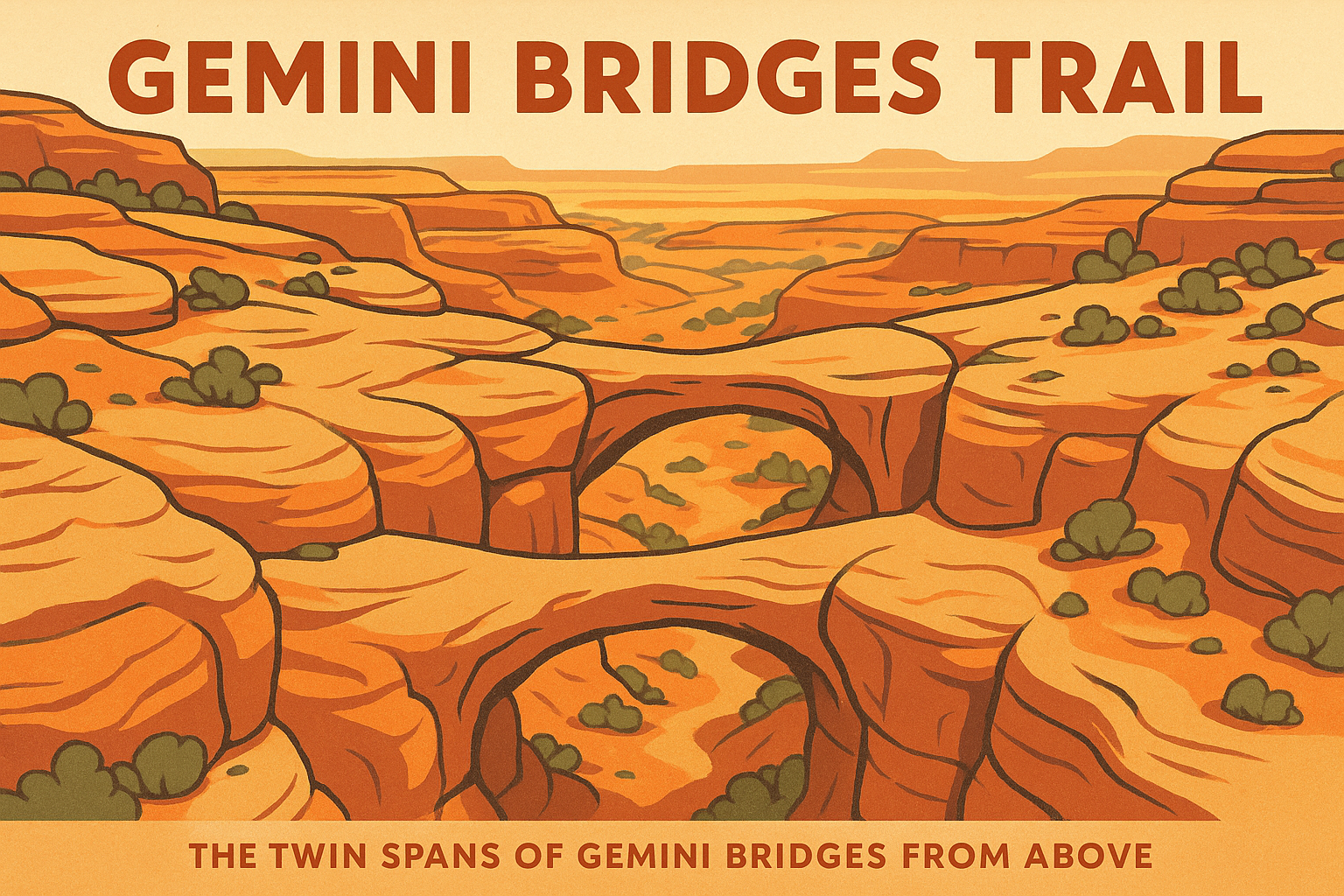 Stylized aerial hero image of the twin spans at Gemini Bridges above Bull Canyon.
