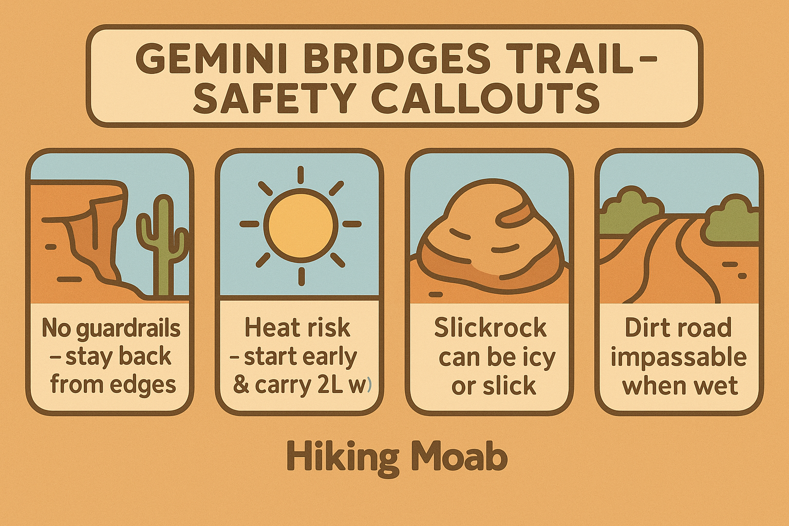 Safety infographic for the Gemini Bridges Trail with icons for cliff exposure, heat, slickrock, and road conditions.