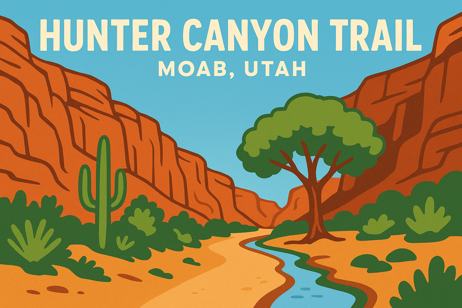 Hero graphic of Hunter Canyon Trail with text “Hunter Canyon Trail – Moab, Utah” over a desert canyon illustration.