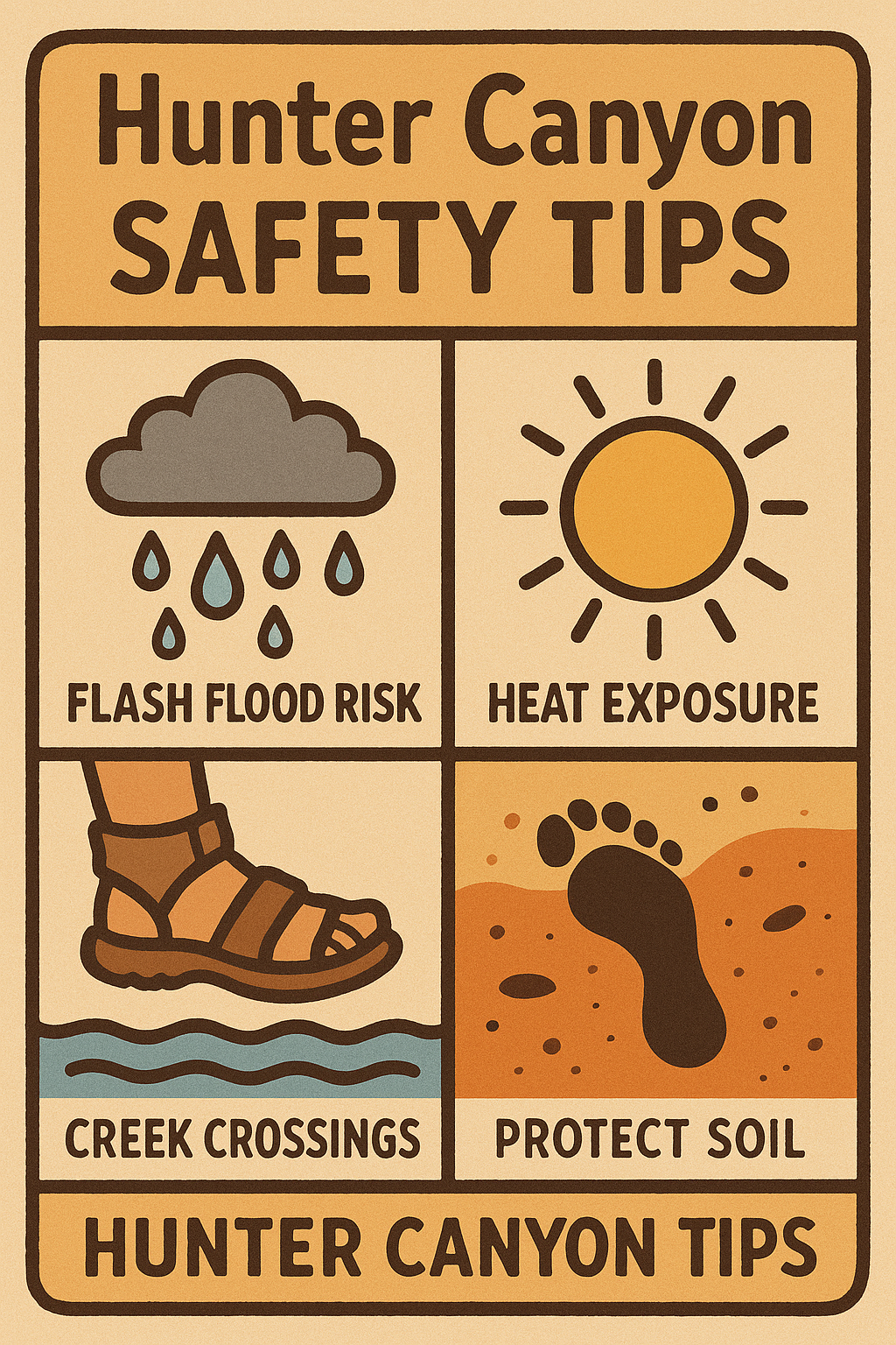 Safety callout graphic for Hunter Canyon Trail showing icons for flash floods, heat, creek crossings, and protecting fragile desert soil.