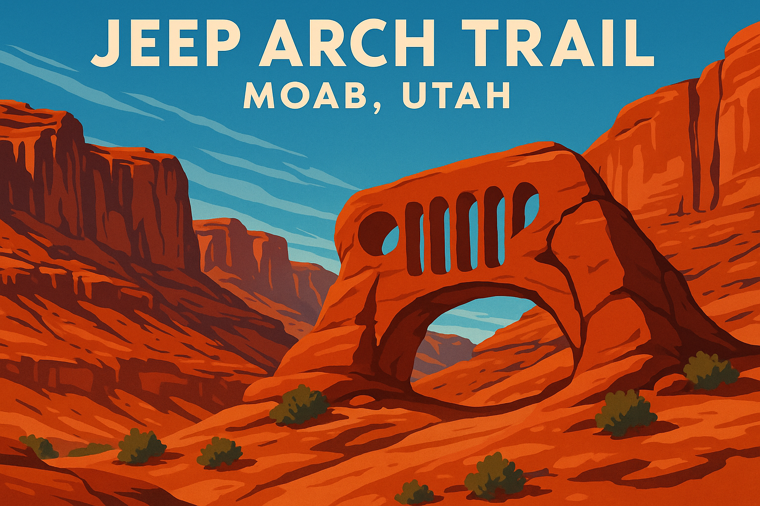 Jeep Arch rising from red sandstone cliffs, shaped like a Jeep grill, under a clear desert sky.