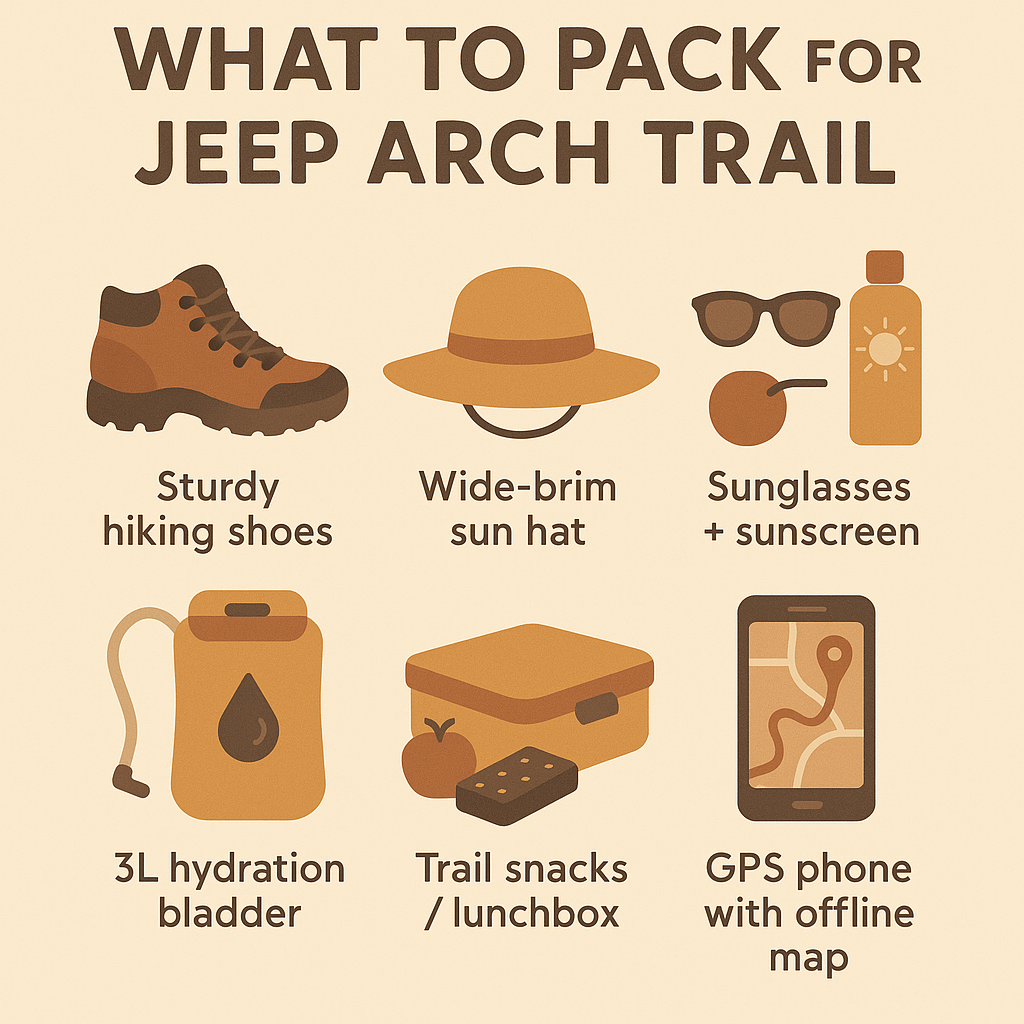 Packing list infographic for Jeep Arch Trail with icons of hiking shoes, sun hat, sunglasses and sunscreen, hydration bladder, trail snacks, and GPS phone.