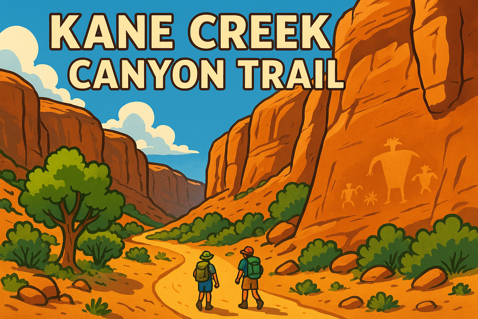 Cartoon illustration of Kane Creek Canyon Trail with sandstone cliffs, hikers, and petroglyphs.