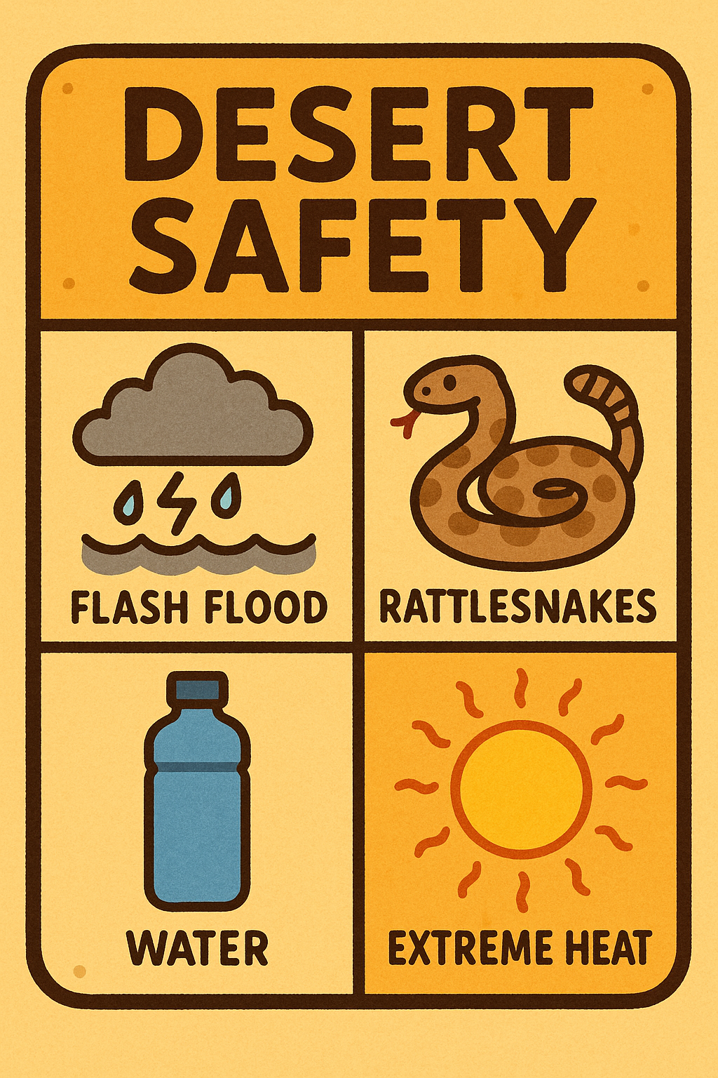 Cartoon-style safety infographic showing icons for flash flood, rattlesnake, water bottle, and sun with heat lines.