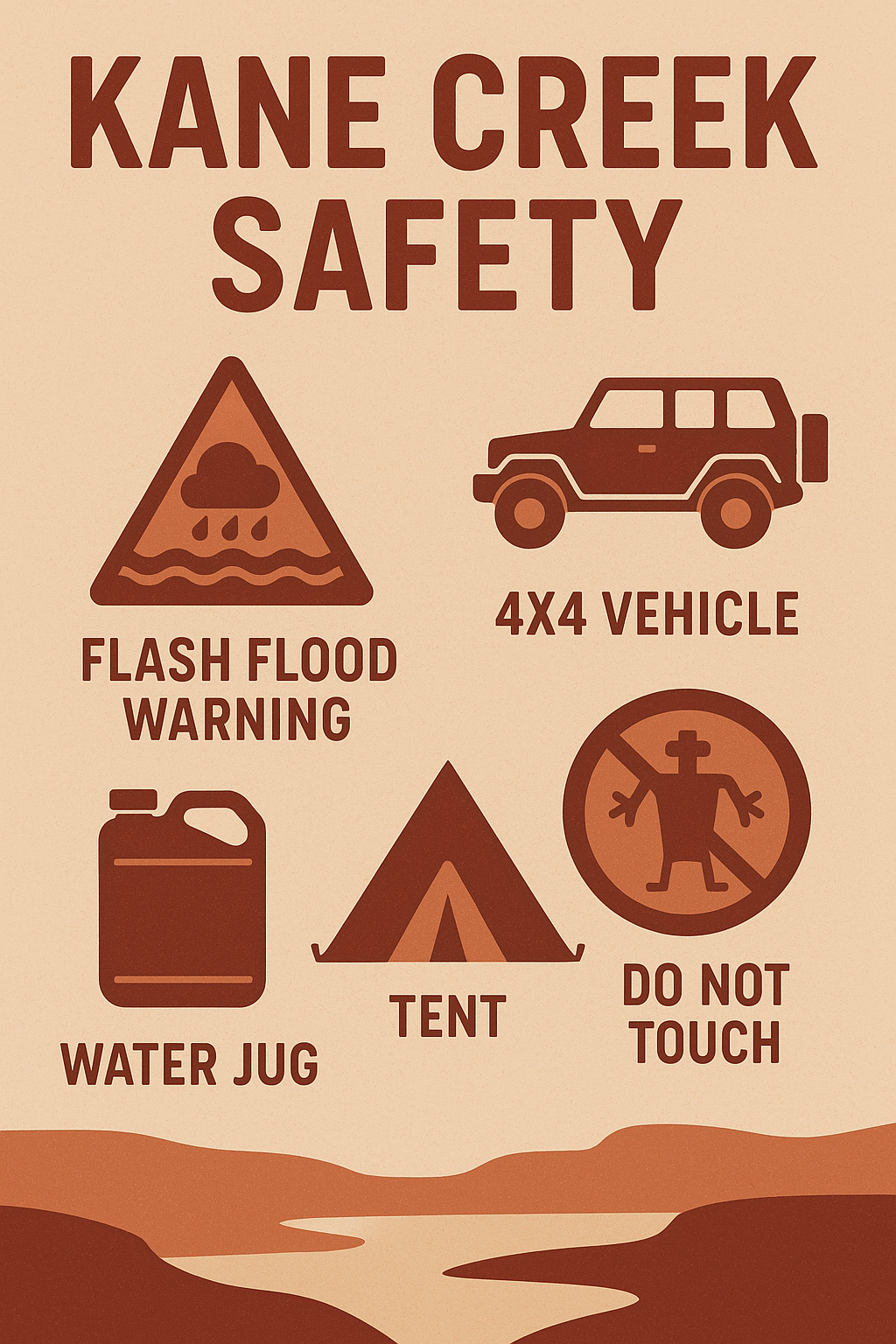 Infographic with flash flood symbol, 4x4 vehicle, water jug, and petroglyph with do not touch icon.