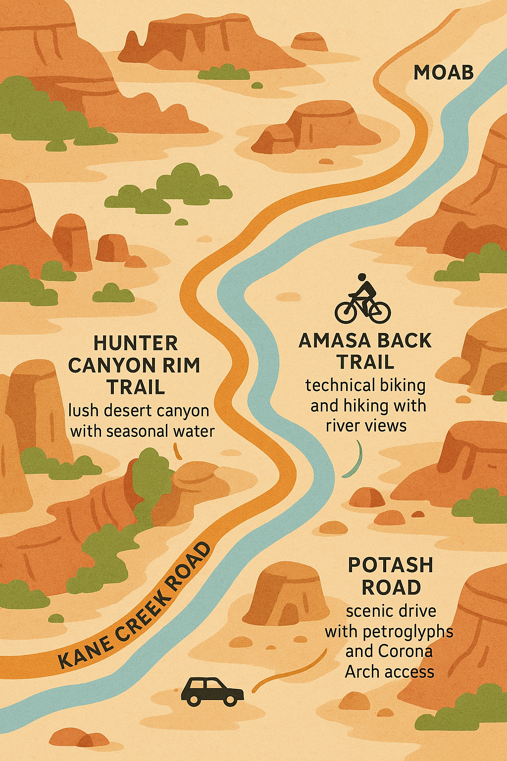 Map of Kane Creek near Moab, Utah, showing its proximity to Hunter Canyon Rim Trail, Amasa Back Trail, and Potash Road with icons for hiking, biking, and scenic drives.