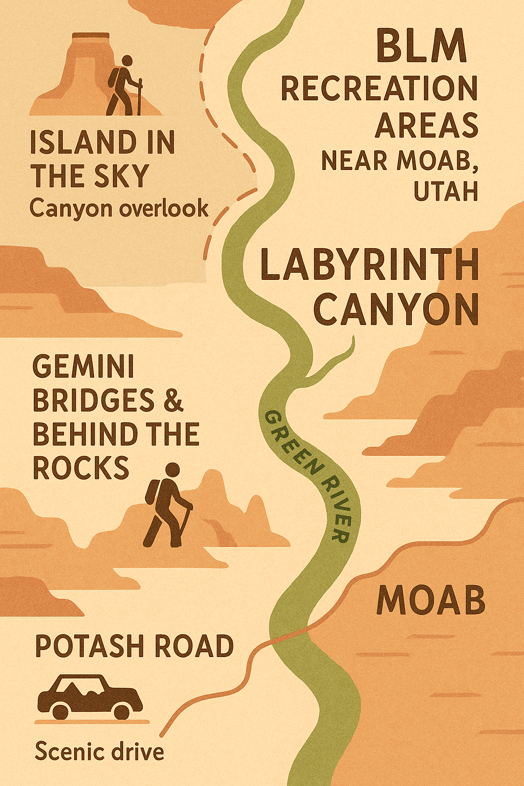 Map showing Labyrinth Canyon on the Green River with nearby attractions including Island in the Sky District across the river, Gemini Bridges & Behind the Rocks closer to Moab, and Potash Road along the Colorado River.
