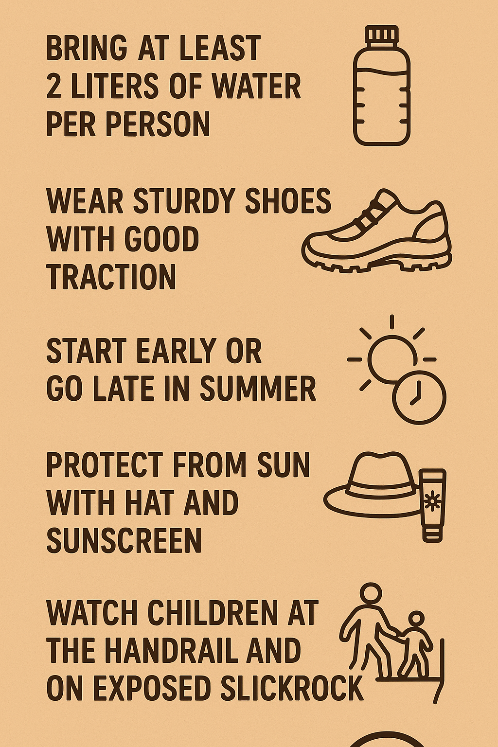 Safety infographic for Long Bow Arch trail including water sun protection footwear and heat caution