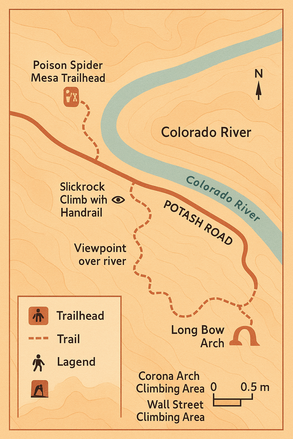 Minimal trail map from Poison Spider Mesa trailhead to Long Bow Arch with waypoints petroglyphs slickrock handrail and views.