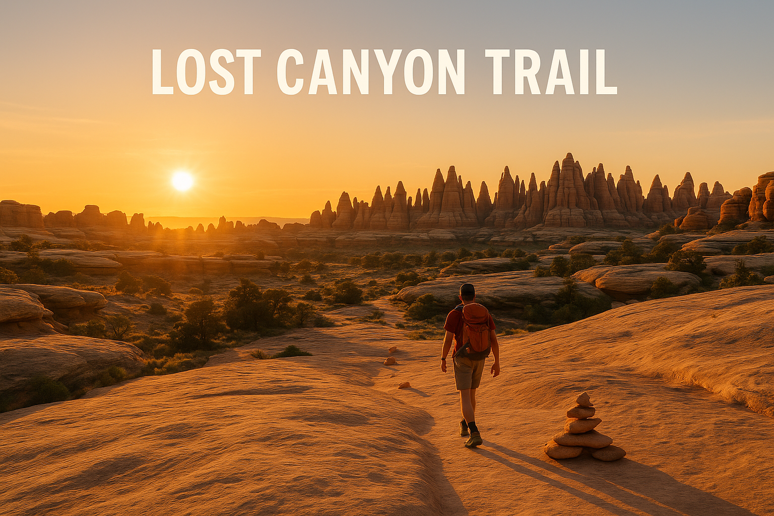 Hiker at sunrise on slickrock with Needles spires on the Lost Canyon Trail.