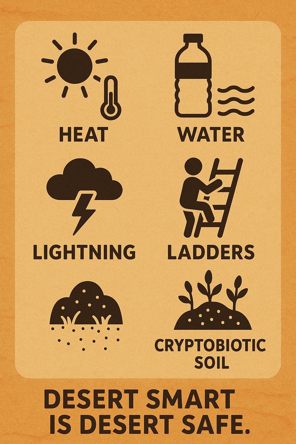 Safety icons for heat, water, storms, scrambles, and fragile soil.