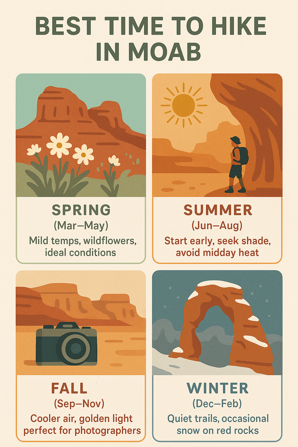 moab best time to hike infographic Infographic titled Best Time to Hike in Moab with seasonal panels highlighting spring wildflowers, summer heat precautions, fall photography light, and winter snow on red rocks.