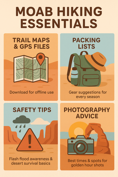 Infographic titled Moab Hiking Essentials with four panels showing trail maps, gear packing, desert safety, and photography tips for hikers in Moab.