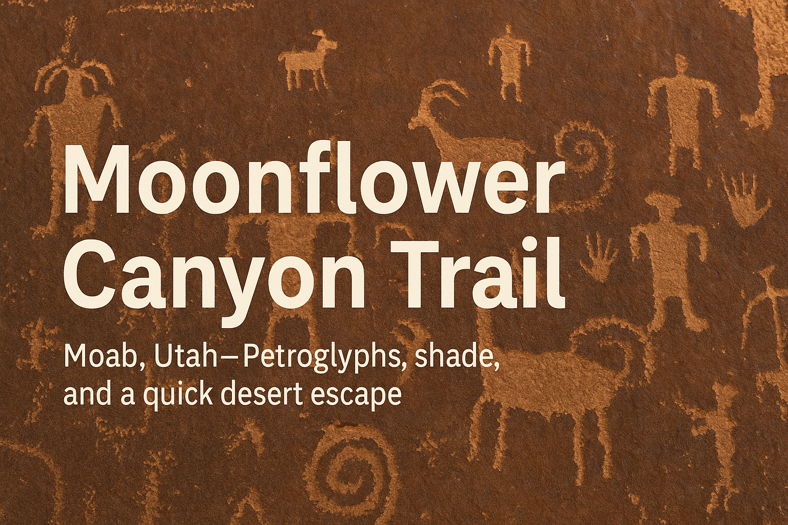 moonflower canyon trail hero image petroglyphs Moonflower Canyon Trail banner with ancient petroglyphs on a red sandstone wall.