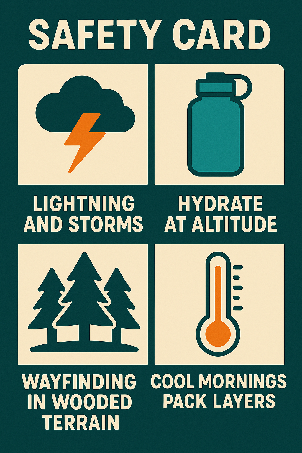 oowah lake to clark lake safty card Safety tips for the Oowah to Clark hike including storms, hydration, navigation, and layers.