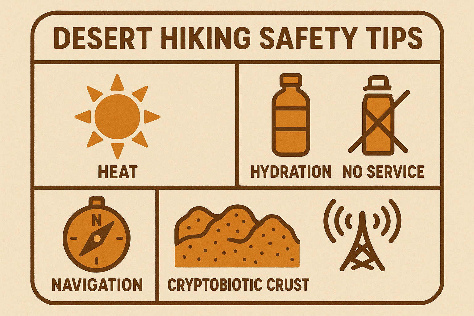 Infographic with desert hiking safety tips for Dome Plateau: bring water, start early, use GPS navigation, avoid cryptobiotic soil, no cell service.