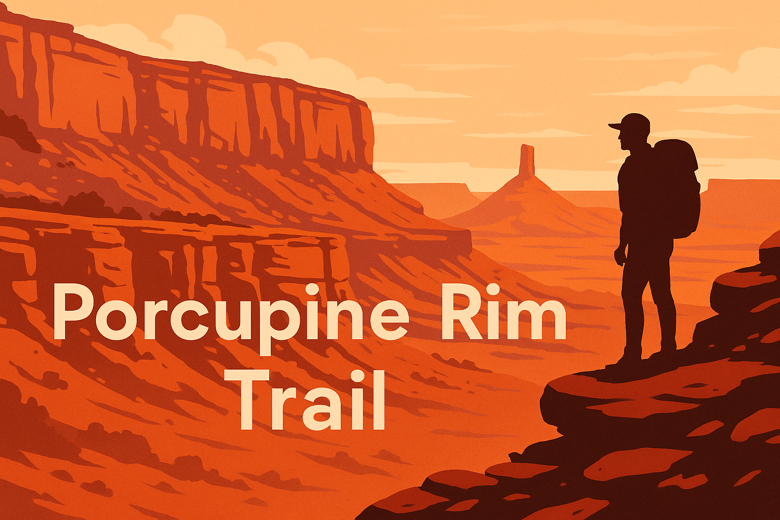 Hiker standing on Porcupine Rim Trail overlooking Castle Valley and Castleton Tower near Moab, Utah.