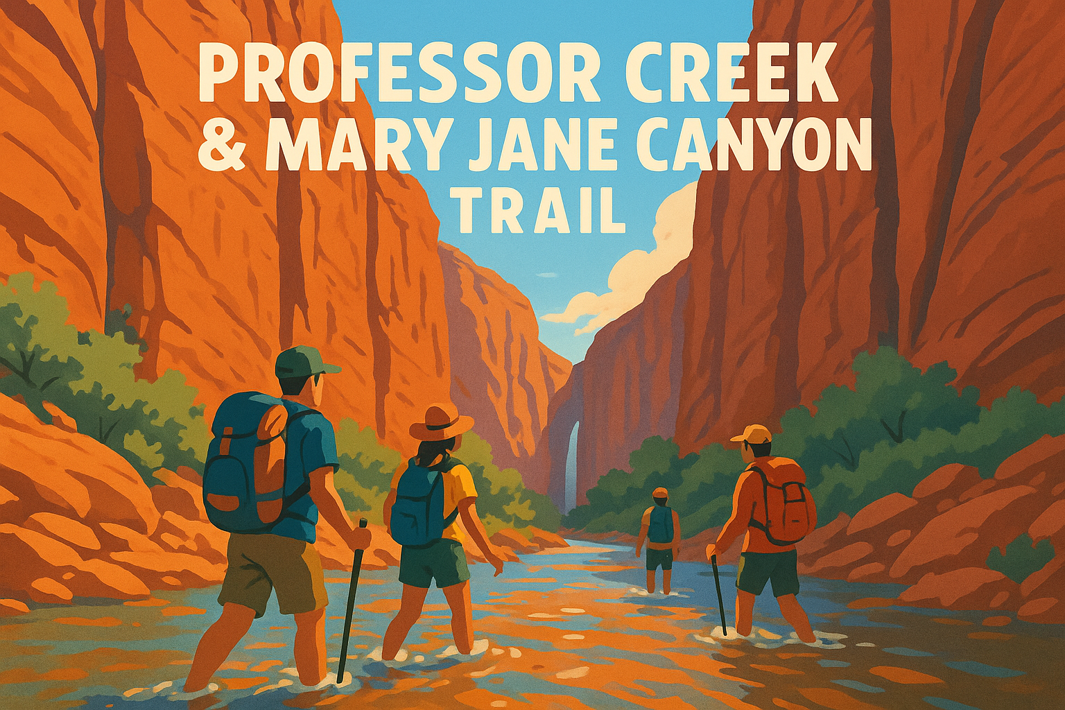 Hero illustration of hikers exploring Professor Creek in Mary Jane Canyon near Moab, with red canyon walls and flowing water.