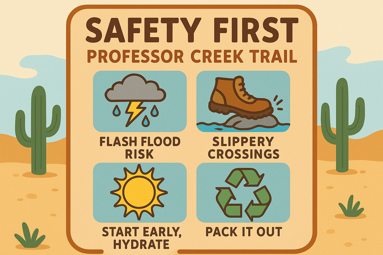 Safety callout graphic with icons for flash flood risk, slippery crossings, heat precautions, and Leave No Trace.