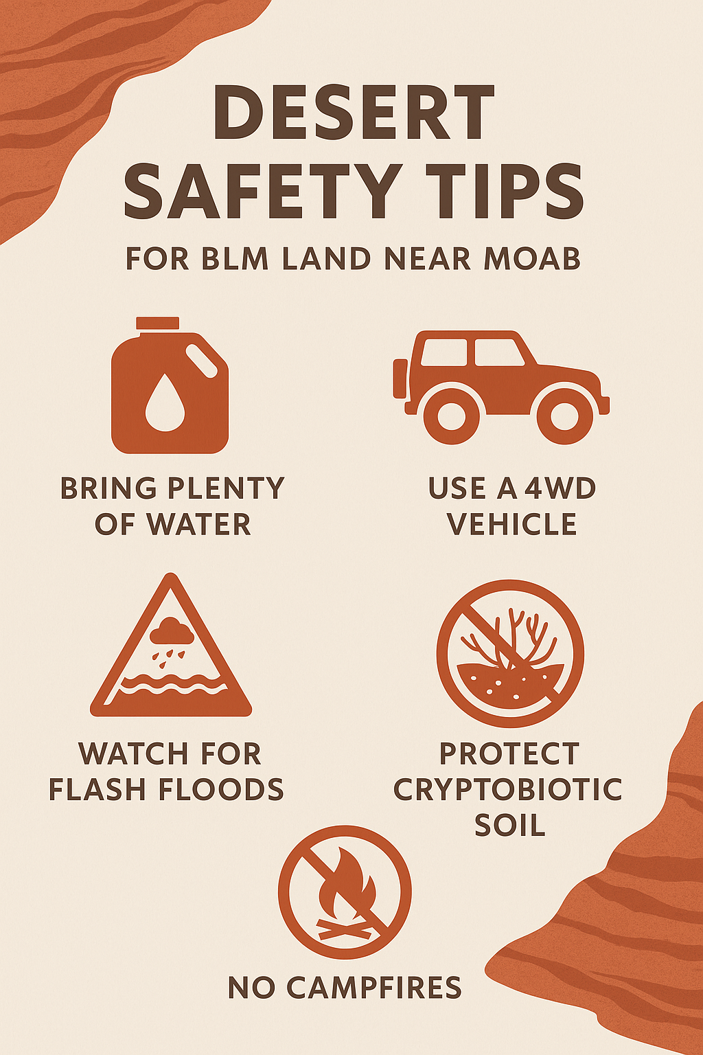 Desert safety infographic with icons showing water jug, sun, 4x4 vehicle, flash flood warning, cryptobiotic soil, and camping tent.