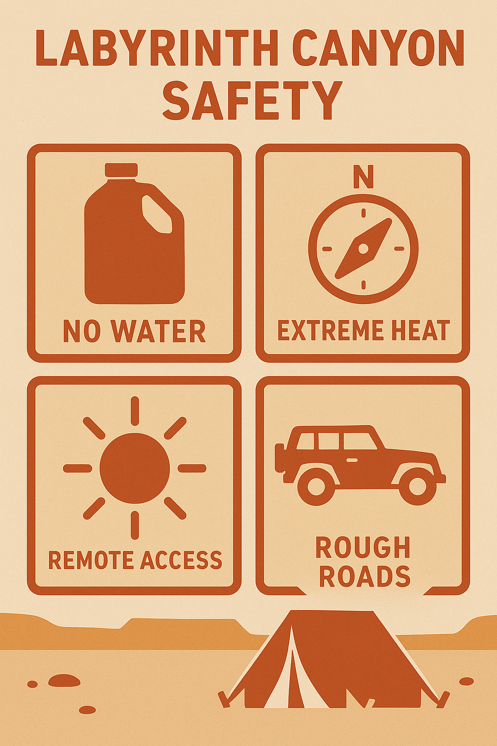 Infographic with icons for water jug, desert sun, remote location, 4x4 vehicle, and compass navigation.