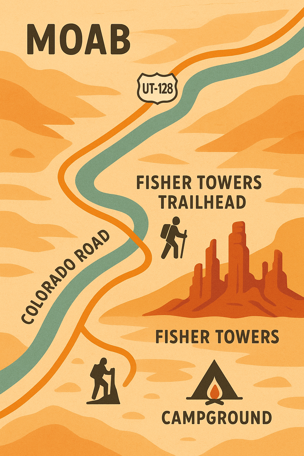 simple map of fisher towers recreational area Map showing Fisher Towers area near Moab, Utah with trailhead, hiking trail, BLM campground, and nearby Colorado River Scenic Byway 128 highlighted.