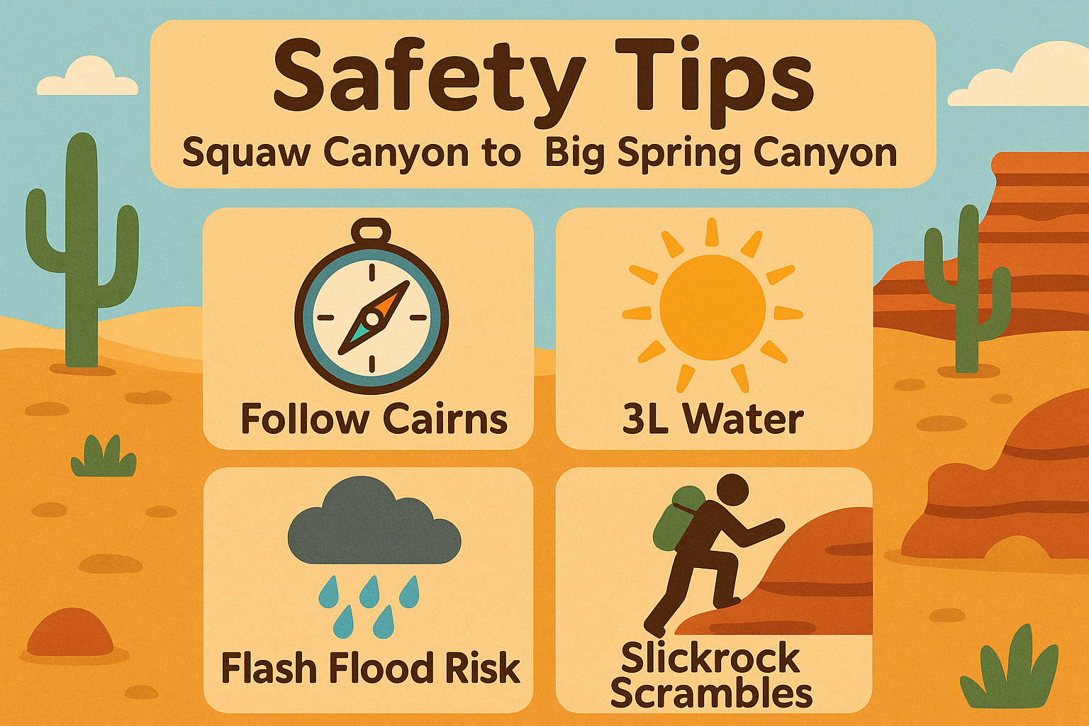 Safety tips infographic: follow cairns, carry 3 liters of water, watch for flash floods, expect short slickrock scrambles.