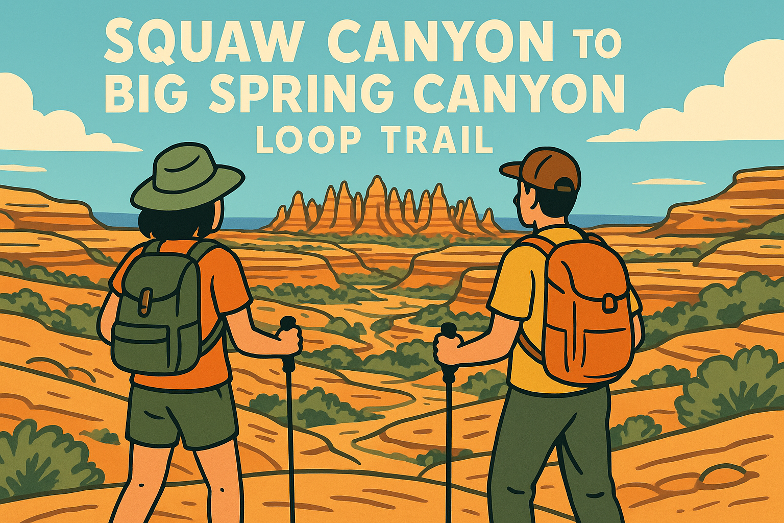 Two hikers on slickrock above Squaw Canyon with sandstone fins of the Needles on the horizon in Canyonlands National Park.