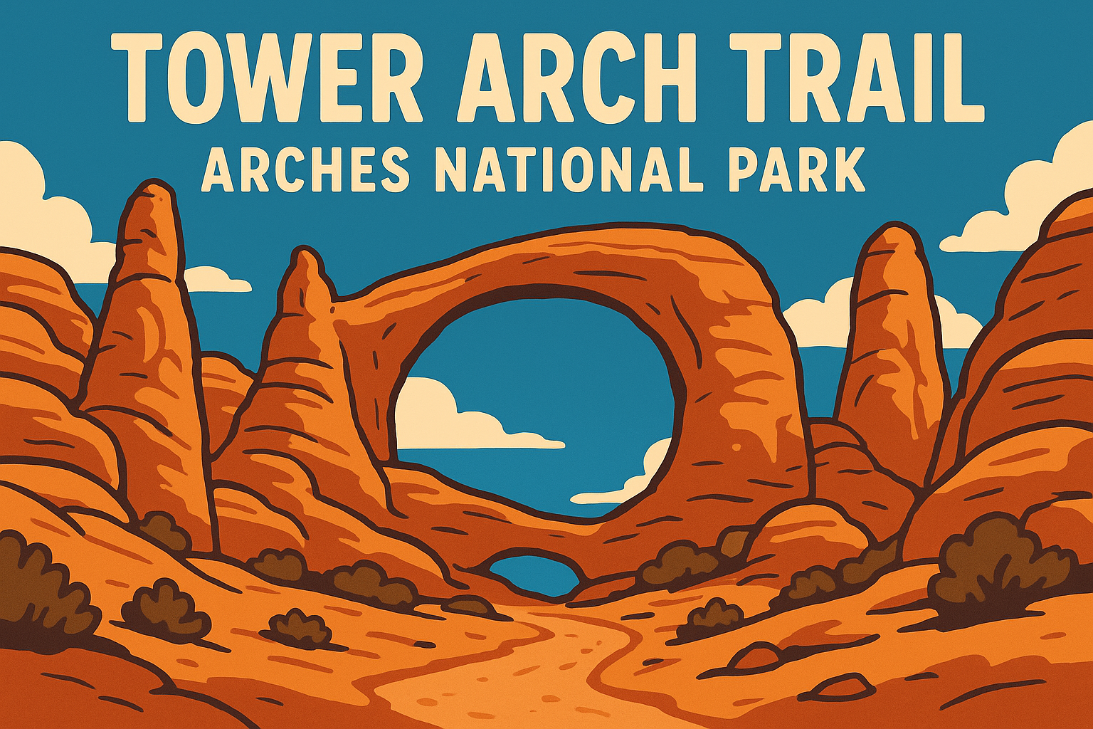 tower arch trail hero image Illustrated view of Tower Arch in Arches National Park with sandstone towers and text overlay reading Tower Arch Trail.