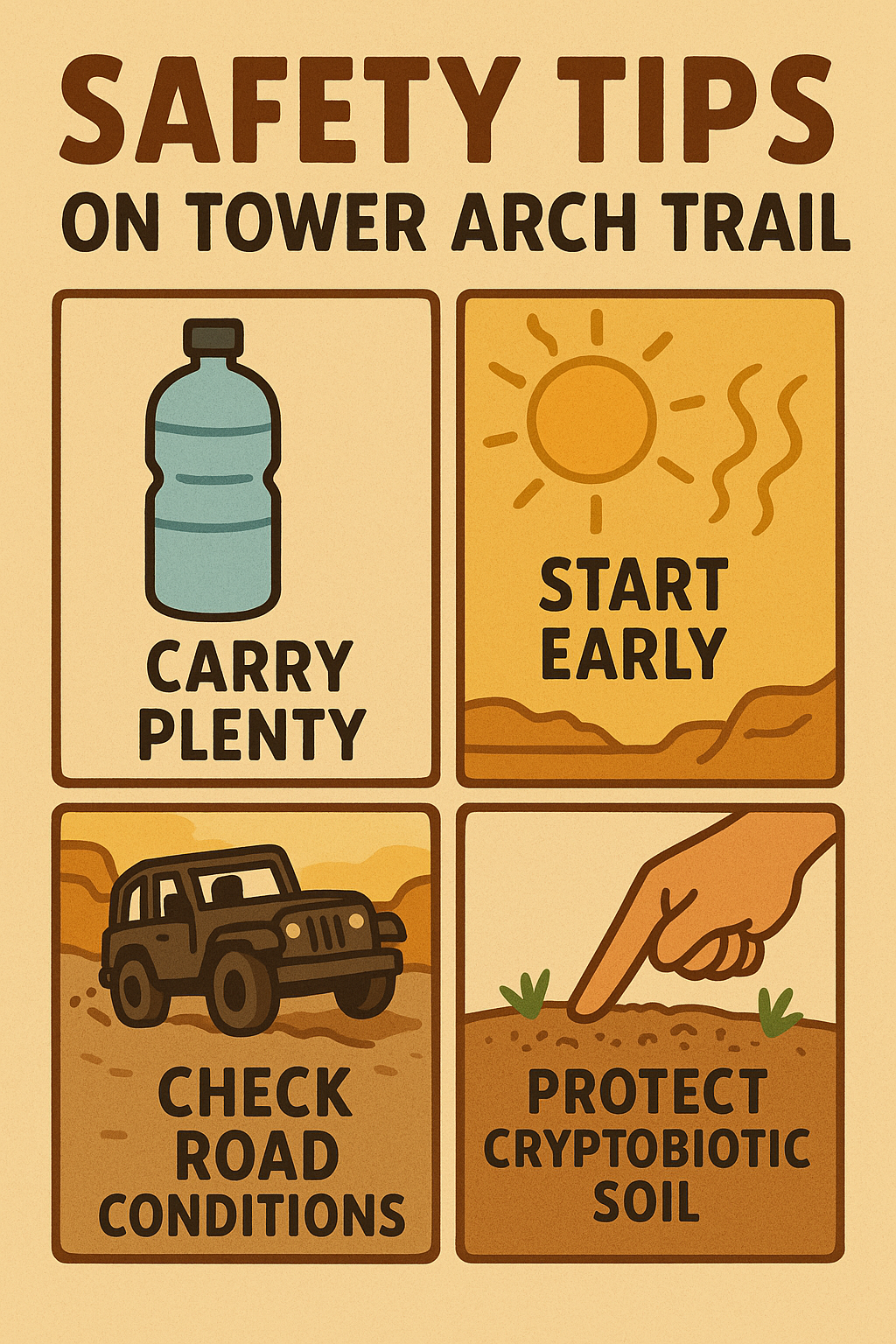 tower arch trail safety tips Safety infographic for Tower Arch Trail with icons for heat, water, dirt road conditions, and protecting fragile desert soil.