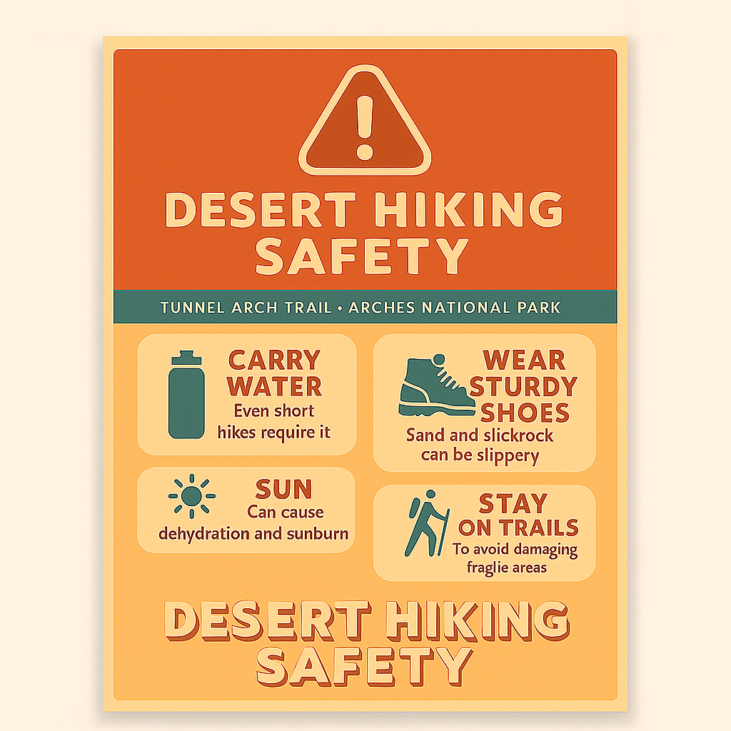 Desert Hiking Safety callout for Tunnel Arch Trail in Arches National Park, showing icons for water, sturdy shoes, sun protection, and staying on the trail.