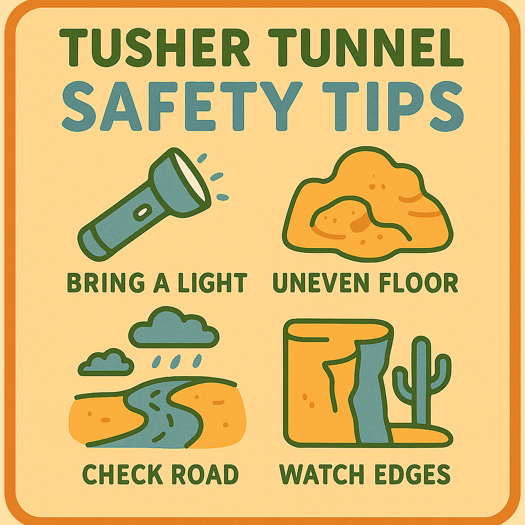 Safety callout infographic for Tusher Tunnel Trail with icons for flashlight, uneven floor, road conditions, and cliff edges.