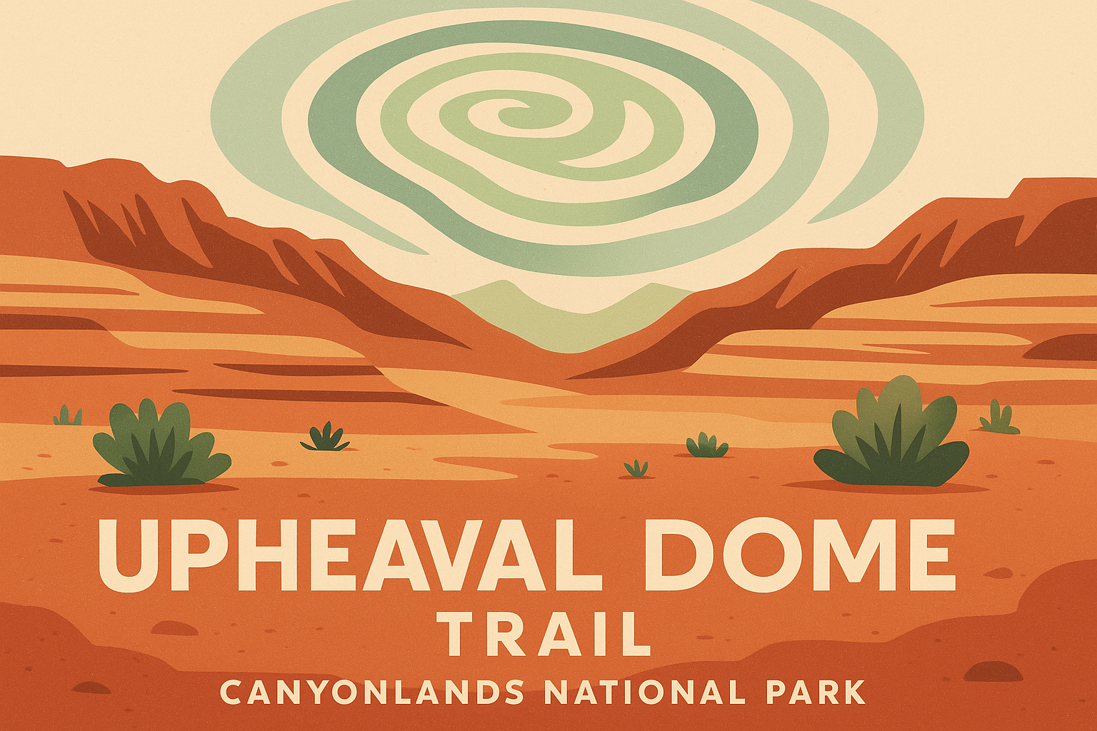 upheaval dome trail hero immage graphic Stylized hero illustration of Upheaval Dome crater with text Upheaval Dome Trail across the foreground.