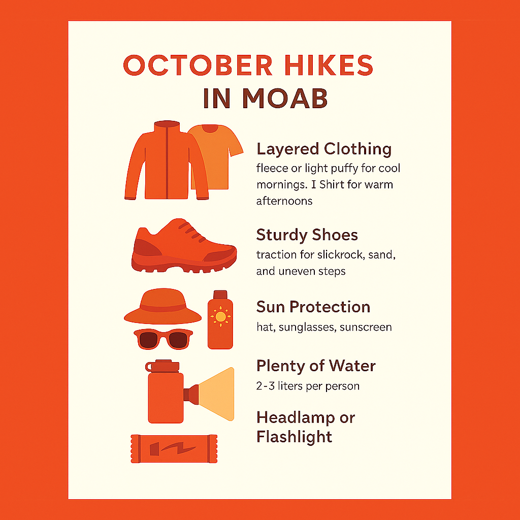 what to bring on a october hike in moab Infographic titled “What to Pack for October Hikes in Moab.” Icons illustrate layered clothing, sturdy shoes, sun protection, water bottles, a headlamp, and snacks. Each item includes a short tip about why it’s important for desert hiking in October.