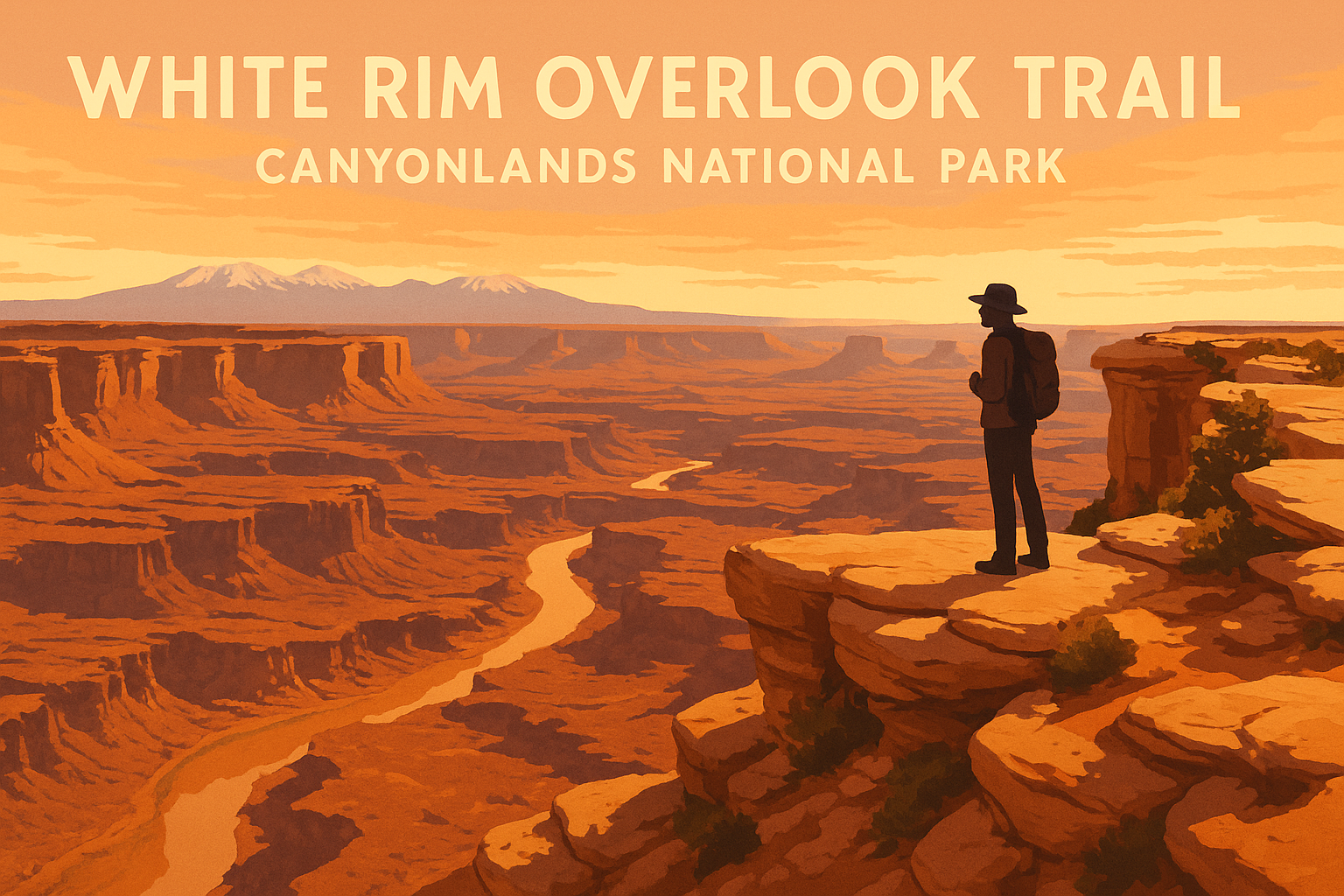 white rim overlook trail hero Hero image of a hiker at White Rim Overlook Trail in Canyonlands National Park, overlooking the Colorado River and canyon cliffs.