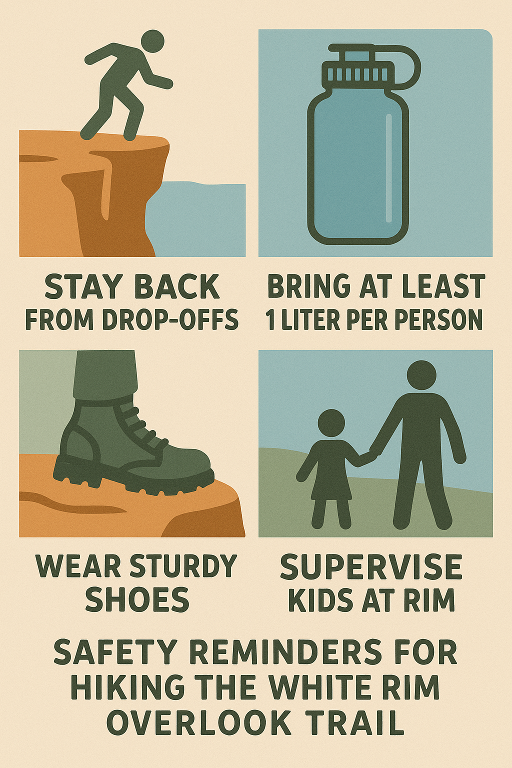 white rim overlook trail safety tips Safety infographic for White Rim Overlook Trail showing tips: stay back from cliff edges, carry water, wear sturdy shoes, and watch children.