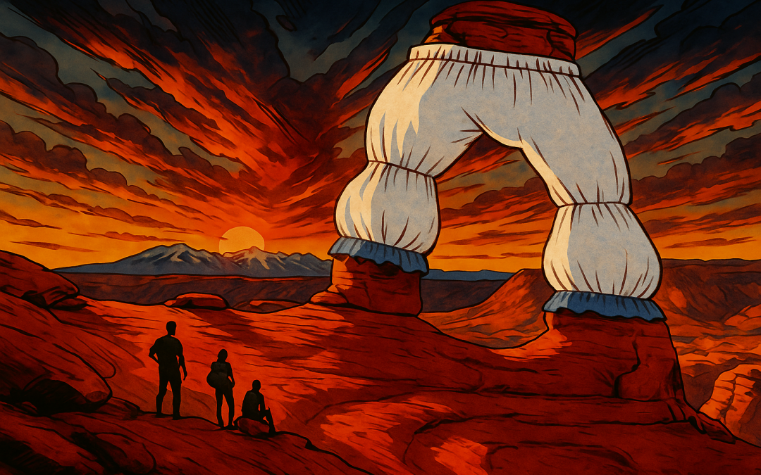 Illustrated sunset view of Delicate Arch in Arches National Park, humorously depicted wearing old-fashioned bloomers—referencing its early nickname “The Schoolmarm’s Bloomers.” Three hikers admire the scene as the sun sets behind the La Sal Mountains.