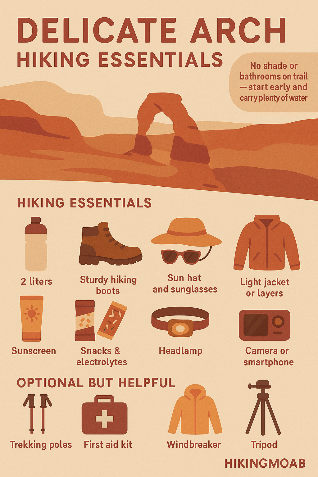 delicate arch hiking essentials Infographic showing essential gear for hiking Delicate Arch, including water, sun protection, sturdy shoes, layers, and optional trekking poles.