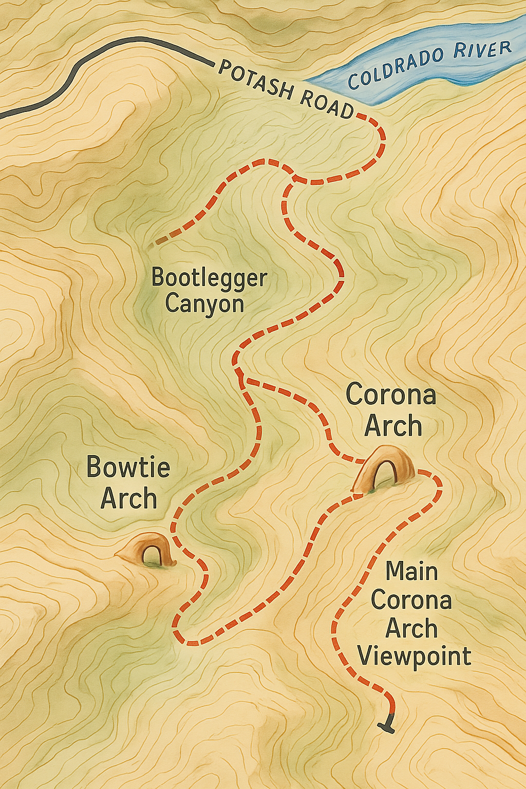 map corona arch trail quick Topographic map of the Corona Arch Trail near Moab, Utah, showing the route from Potash Road through Bootlegger Canyon to Corona and Bowtie Arches.