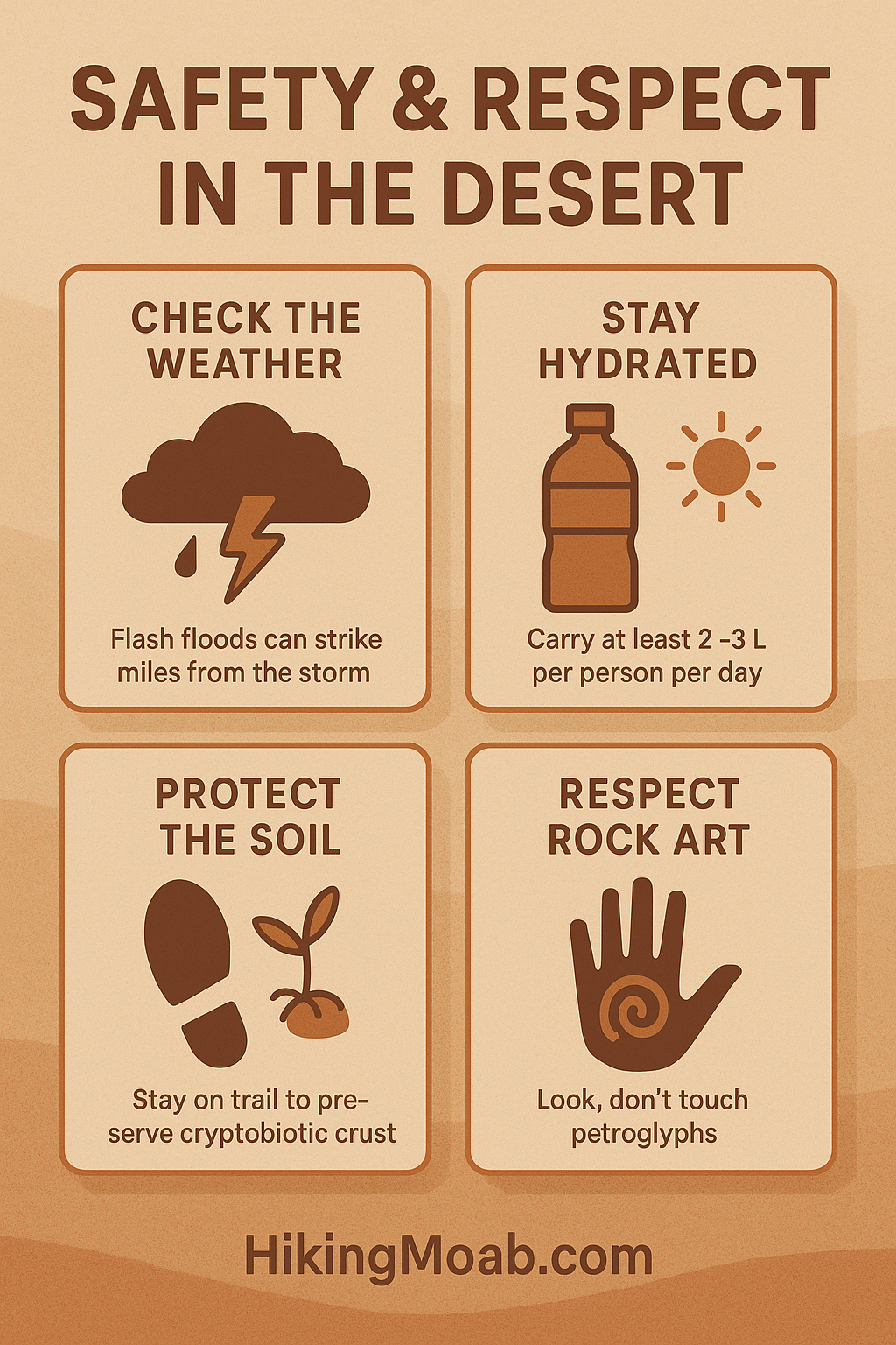 safety respect the desert infographic Infographic titled “What to Pack for October Hikes in Moab.” Icons illustrate layered clothing, sturdy shoes, sun protection, water bottles, a headlamp, and snacks. Each item includes a short tip about why it’s important for desert hiking in October.